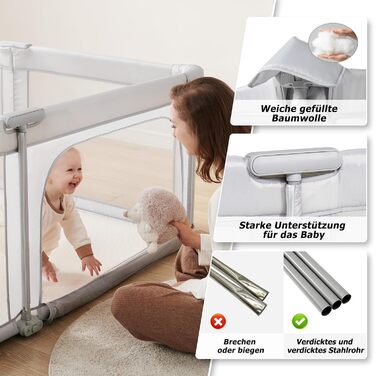 Doradotey playpen baby 150x150cm, foldable baby gate with breathable mesh, baby playpen with two zipper doors, stable grey children's playpen 150x150x68cm Grey