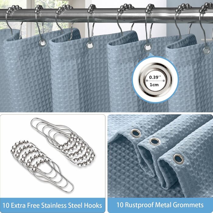 Штора для ванної кімнати Waffel (182x182 см, біла) з кільцями, водовідштовхувальна, антигрибкова, тканинна. Розмір: 182x182 см (1 шт)