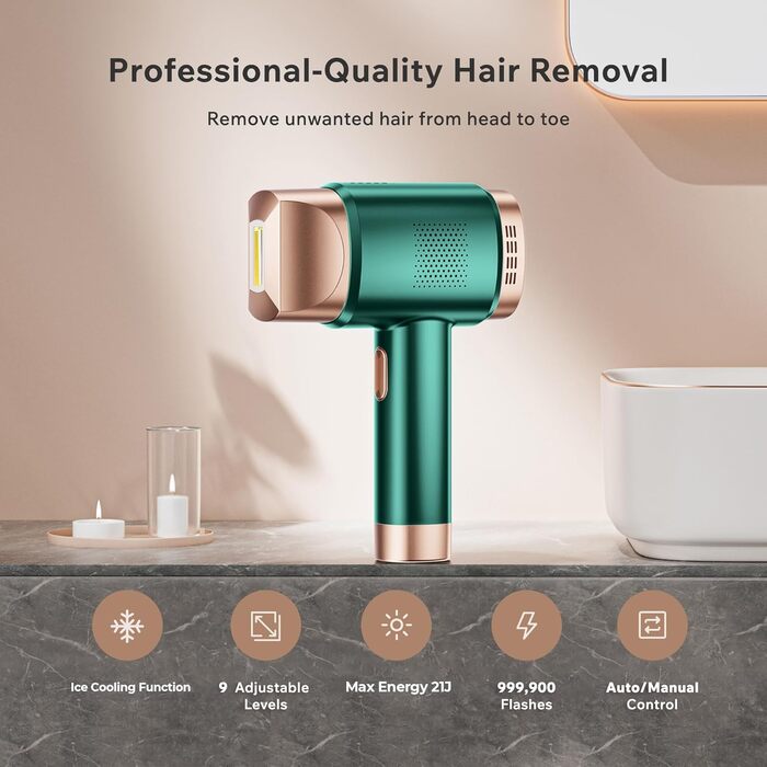 Пристрій для епіляції IPL, лазерний епілятор з 9 рівнями потужності, 600 нм червоне світло, LCD-сенсорний екран, для жінок та чоловіків, обличчя, бікіні-зона, тіло, зелений