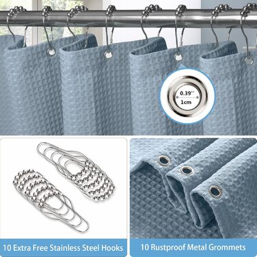 Штора для ванної кімнати Waffel (182x182 см, біла) з кільцями, водовідштовхувальна, антигрибкова, тканинна. Розмір: 182x182 см (1 шт)