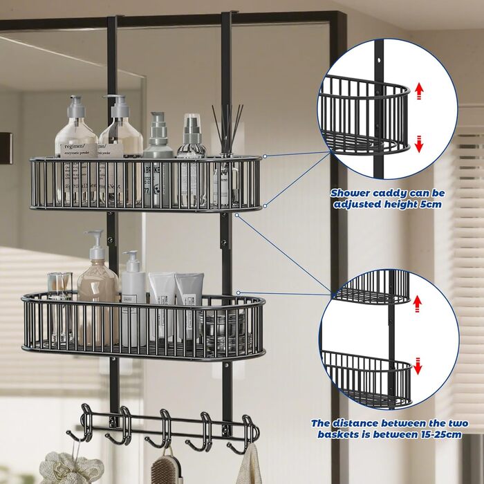 Настінна поличка для душу AIGOCITY без свердління, чорна, для скляних душових кабін, з 3 гачками, регульована висота, для шампуню та гелю для душу