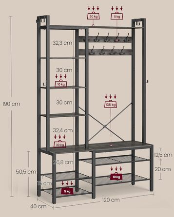 VASAGLE Coat Rack with Shoe Bench, Wardrobe, 5 Shelf Levels made of Particleboard, 9 Triple Hooks, 6 Side Hooks, 40 x 120 x 190 cm, Stone Grey-Ink Black HSR426B04