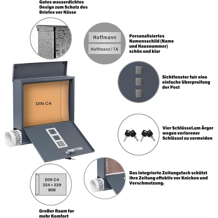 Поштовий ящик Zedelmaier XXL персоналізований з нержавіючої сталі, 35x35 см, 4 ключі, для листів B5/C4, з газетницею, RAL 7016 Антрацит