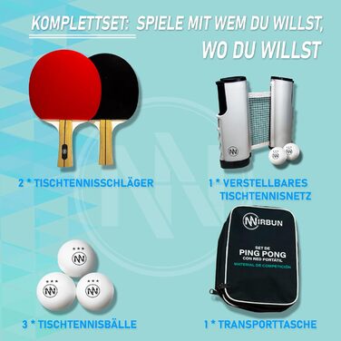NIRBUN Table Tennis Set with Adjustable Net - Professional Table Tennis Paddles & 3-Star Ping Pong Balls - Portable Set for 2 Players