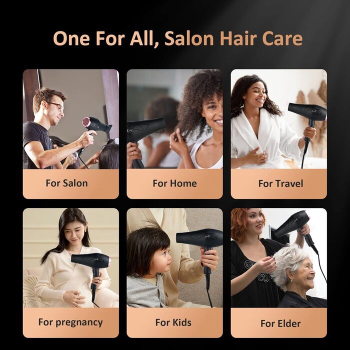 Фен Jolichic з іонізацією, 2400W, AC мотор, з насадкою-дифузором, 2 концентратори, 4 гребені для укладки, 3 режими нагріву, 2 швидкості, кнопка охолодження