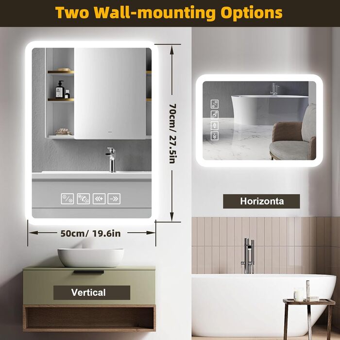 Дзеркало для ванної кімнати з підсвічуванням 50x70 см з Bluetooth, годинником, функцією проти запотівання та сенсорним вимикачем, 3 кольори світла, регулювання яскравості