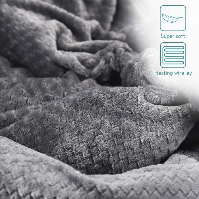 Електрична ковдра Navaris XXL з підігрівом 180x130 см, 3 режими, автовимкнення, пральна, сіра та біла, плюшева