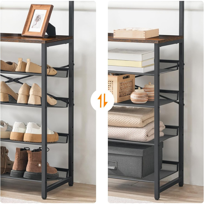 HOOBRO Coat Rack with Shoe Storage, Shoe Shelf with Coat Rack, Clothes Rack with 5-Tier Shoe Storage, Coat Rack with Shoe Cabinet, Adjustable Metal Grid Shelf, Greige EBG75MT01 (Vintage Brown + Black)
