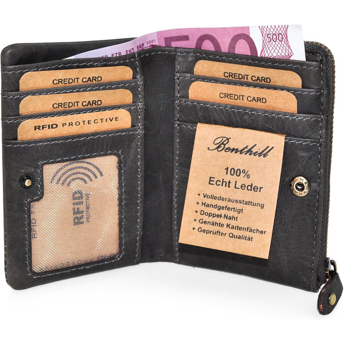 Benthill Small Wallet - Genuine Leather - Women's Wallet with RFID Protection - 6 Card Slots - Slim Wallet including Gift Box, Color: Gray