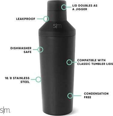 Коктейльний шейкер SIMPLE MODERN з мірною кришкою, 590 мл, нержавіюча сталь, чорний, подарунок для бару, для жінок і чоловіків