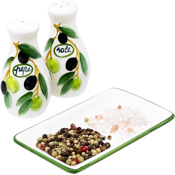 Handmade salt and pepper shaker set from Italian ceramic, 3-piece in olive green design with tray, size 14x8 cm