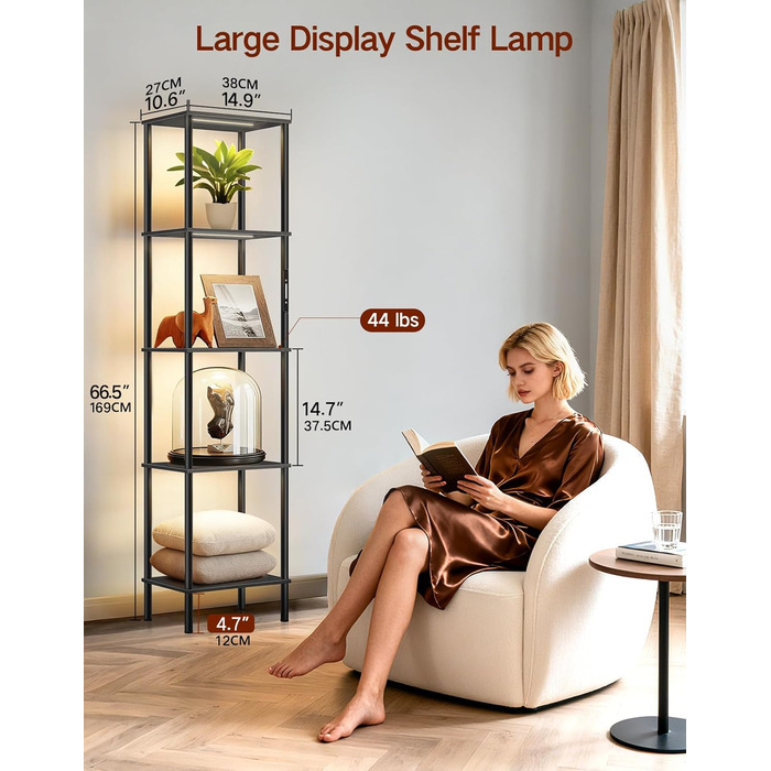 Стельова лампа з полицею, LED, регулювання яскравості, 3 колірні температури, сенсорне управління та пульт, полиця для книг, дерев'яна, сучасний дизайн для вітальні, спальні, офісу (чорний)