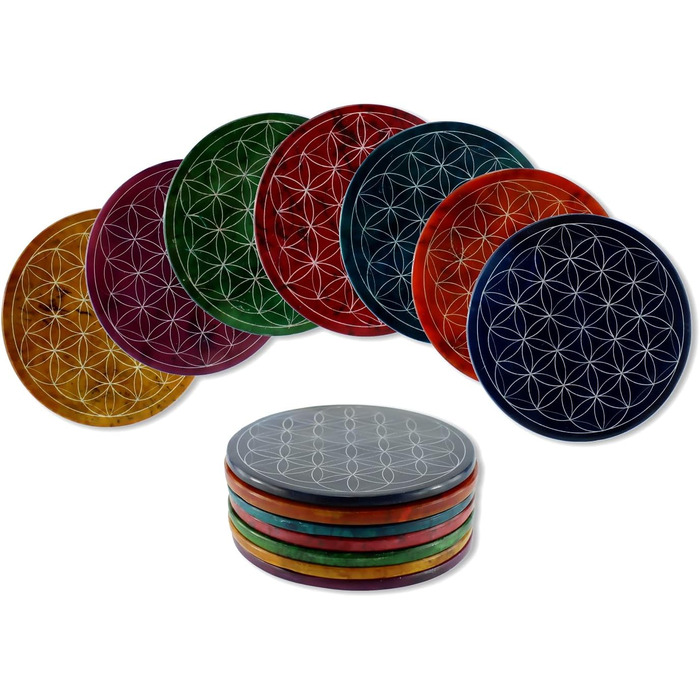Speckstein coaster set with Flower of Life design • 7 colors • Chakra colors • Ø 10 cm • Handmade • Engraved • Round • Spiritual wall decoration & table decor • 7 pieces
