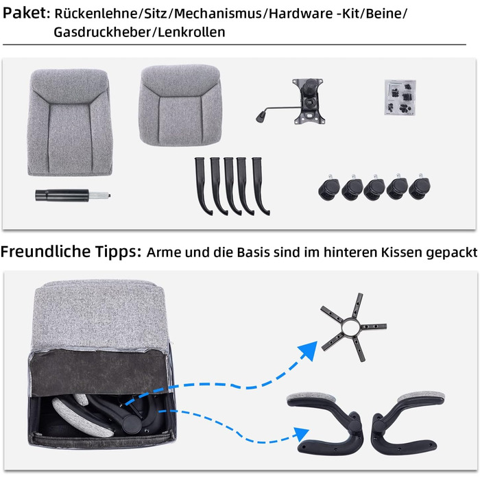 Ергономічне крісло для офісу та дому: обертове крісло з підйомними підлокітниками, регульоване по висоті, сіре, тканина