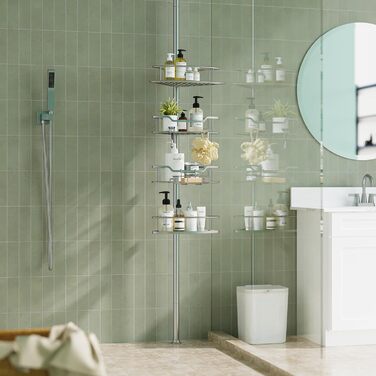 USHOWER Дзеркальний кутовий органайзер для душу з регульованою стійкою, 4 яруси, полиці з нержавіючої сталі, 130-307 см, для шампуню та мила, сріблястий