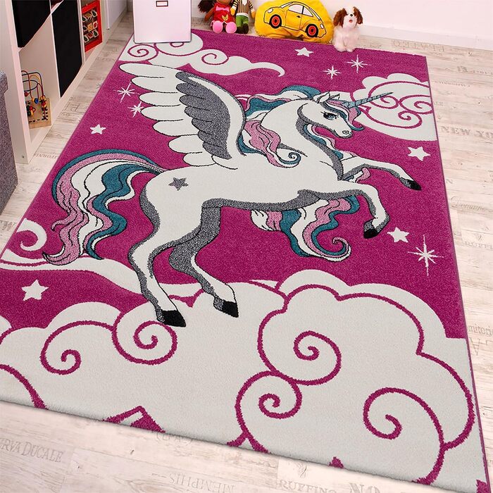 Paco Home Children's Rug for Kids, The Little Unicorn, Pink, Cream, Turquoise, Size: 80x150 cm