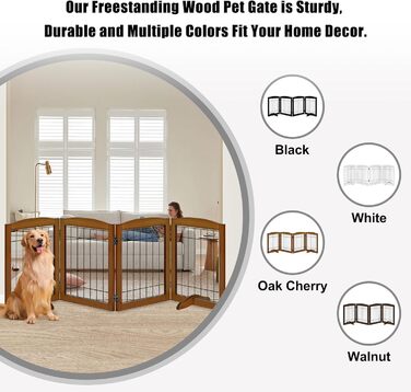 Дерев'яне перегороджувальне ґратка для собак, 4 панелі, широке, 76,2 см, розкладне, бар'єр для тварин, з підставками, масивне тверде дерево та сталевий дріт, захисне ґратка для дверей, коридорів, 76 см висота