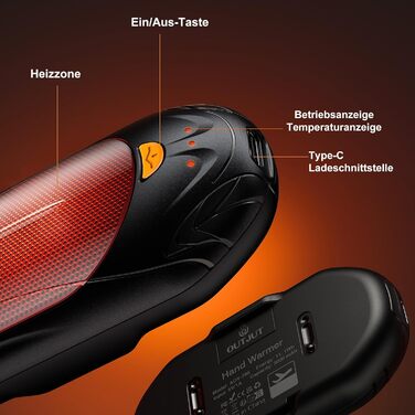 Електричний грілка для рук 2-в-1 OUTJUT 6000mAh, USB, акумулятор, 20 годин роботи, 3 режими нагріву, швидкий нагрів, для спорту на відкритому повітрі взимку, подарунок на Різдво, чорний