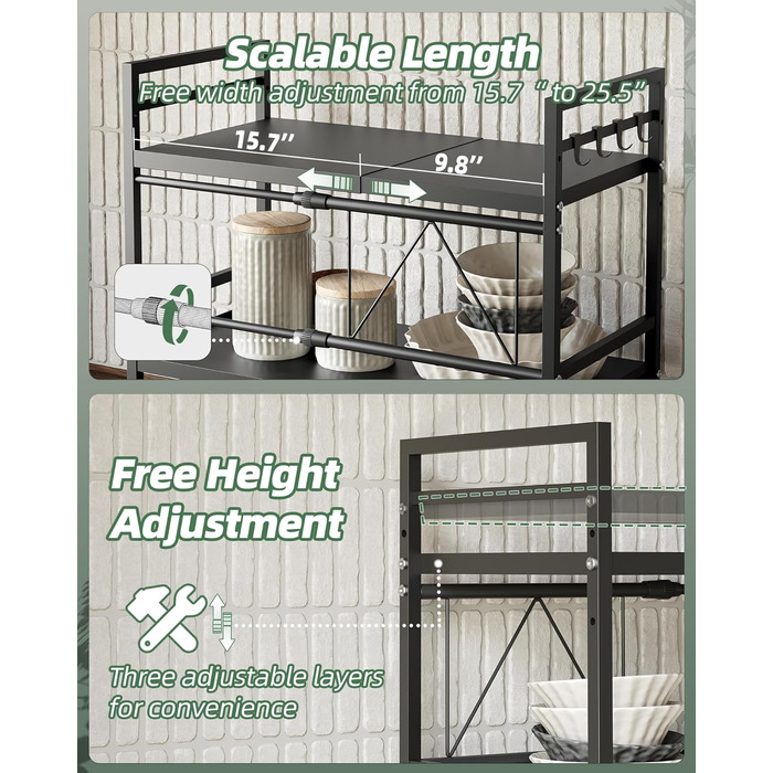 Підставка для мікрохвильової печі NETEL 3-ярусна, розширювана, з 8 гачками, чорна