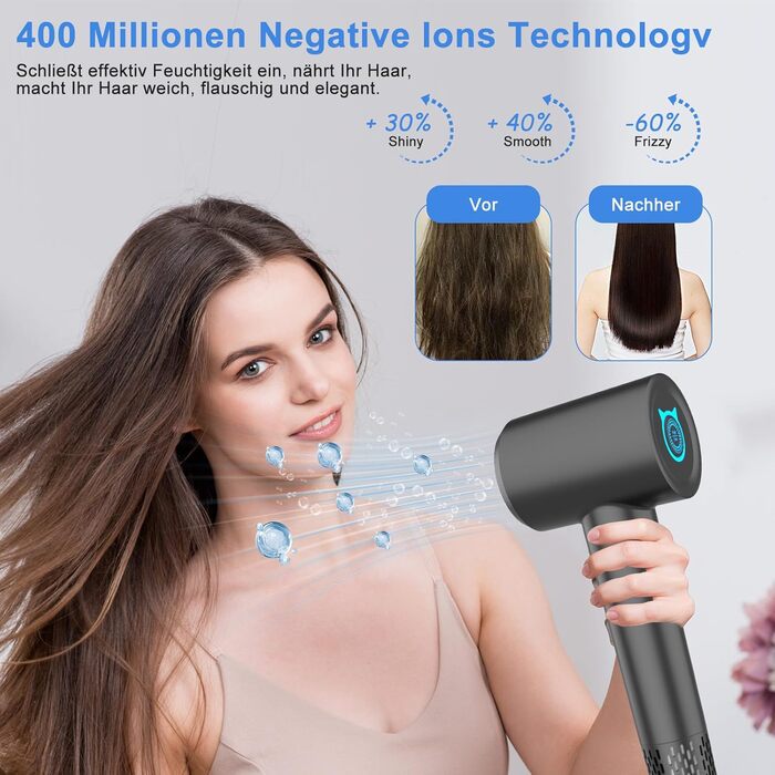 Супершвидкий фен Supersonic з іонізацією 200 млн негативних іонів, 110 000 обертів/хв безщітковий двигун, низький рівень шуму 57dB, інтелектуальна стабільна температура для подорожей та дому, чорний