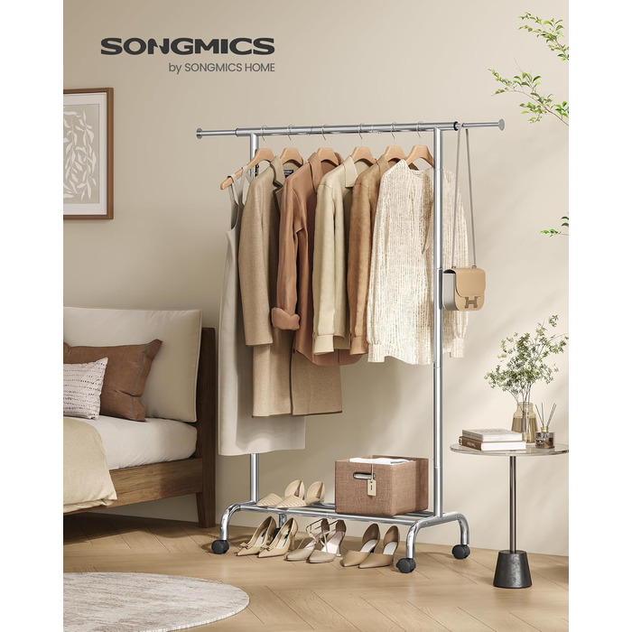 SONGMICS Clothes Rack with Wheels, Extendable Clothes Rod, Garment Rack Made of Steel Pipes, Elevated Storage Rod, 40 x (83-120) x 156 cm, Cloud White HSR134W01 (Silver)