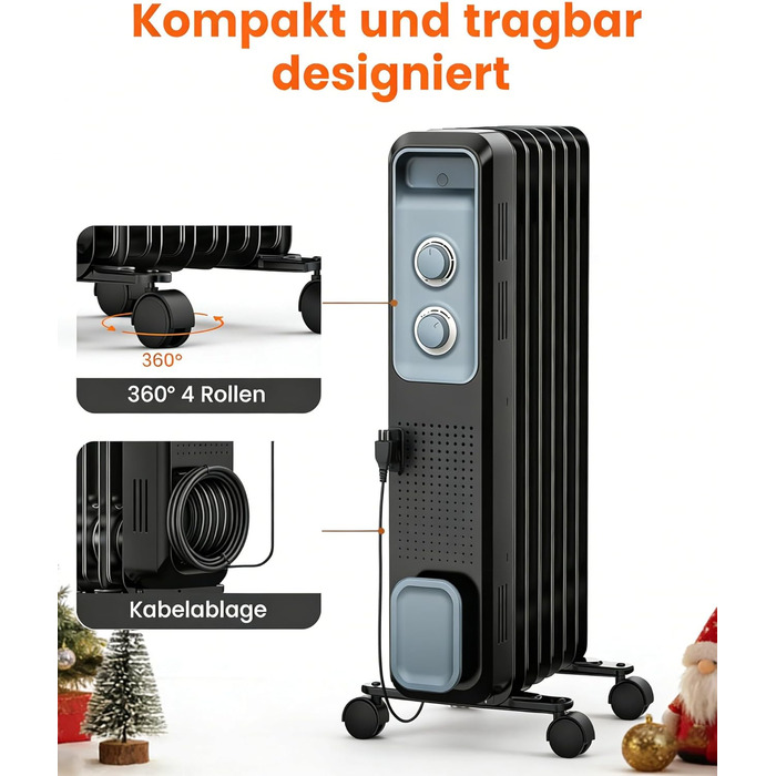 Масляний радіатор COWSAR з економним споживанням енергії, швидким нагрівом, 3 режими, захист від перекидання та перегріву, 1200W, для вітальні та спальні, чорний