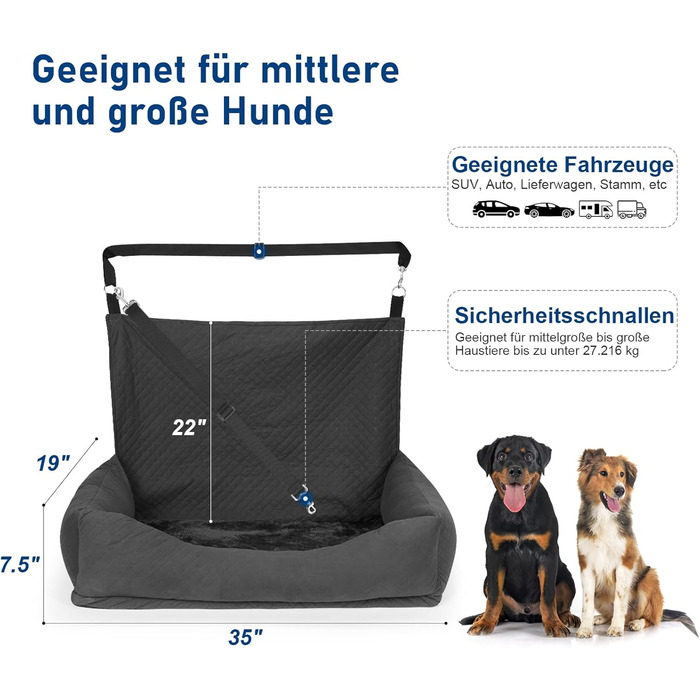Honey Paws Dog Car Seat for Medium & Large Dogs - Universal Backseat Cover for Small/Medium Dogs up to 25kg - Non-Slip, Washable, Deep Black
