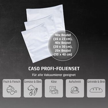 CASO Profi Zipper Bag Set 5 / 40 pcs 16x23 cm, 40 pcs 20x30 cm, 20 pcs 30x40 cm 150µm, for vacuum sealers / heat sealers, BPA-free, very strong, tear-resistant, cookable, Transparent