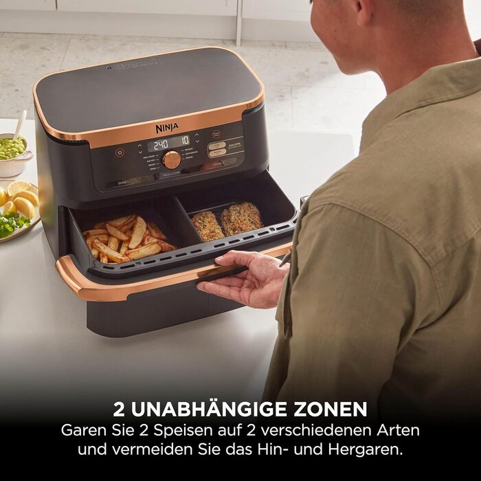 Ninja Foodi FlexDrawer Dual Zone Фритюрниця з гарячим повітрям 10.4л, чорно-мідна AF500EUCP - мультипекарка 7-в-1 з антипригарним покриттям