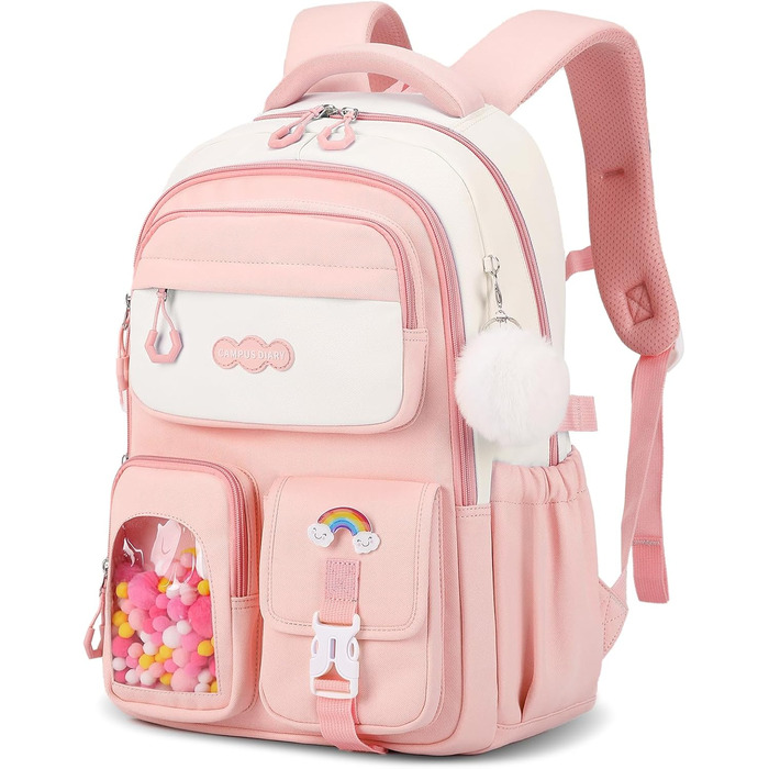 Шкільний рюкзак для дівчаток-підлітків, рожевий, з помпоном, тролей-петлею та світловідбивачами. Великий рюкзак для школи та подорожей, 3-7 клас, водонепроникний