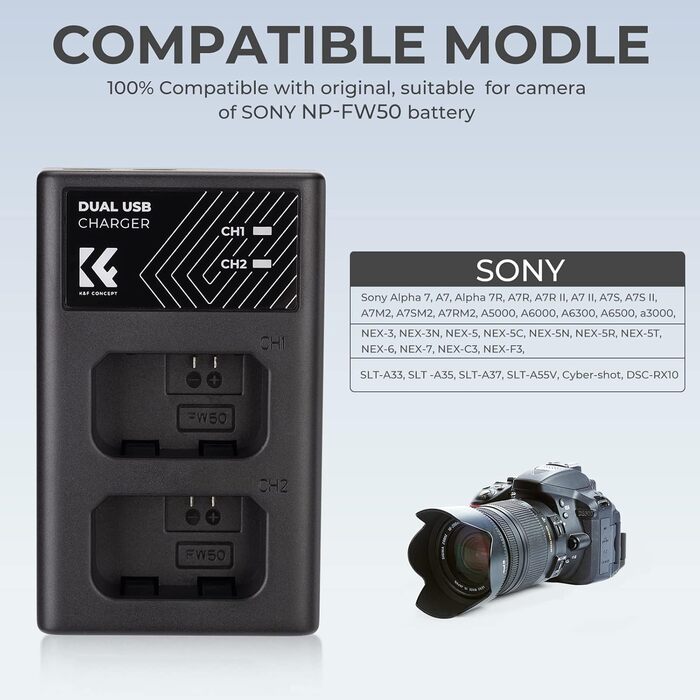 Акумулятор NP-FW50 K&F Concept з зарядним пристроєм, 1100mAh, 2 шт. для Sony ZV-E10, A6000, A6300, A6400, A7, A7II, A7RII, A7S, A7S2, A7R, A7R2, A55, A5100, A5000, A3000, RX10