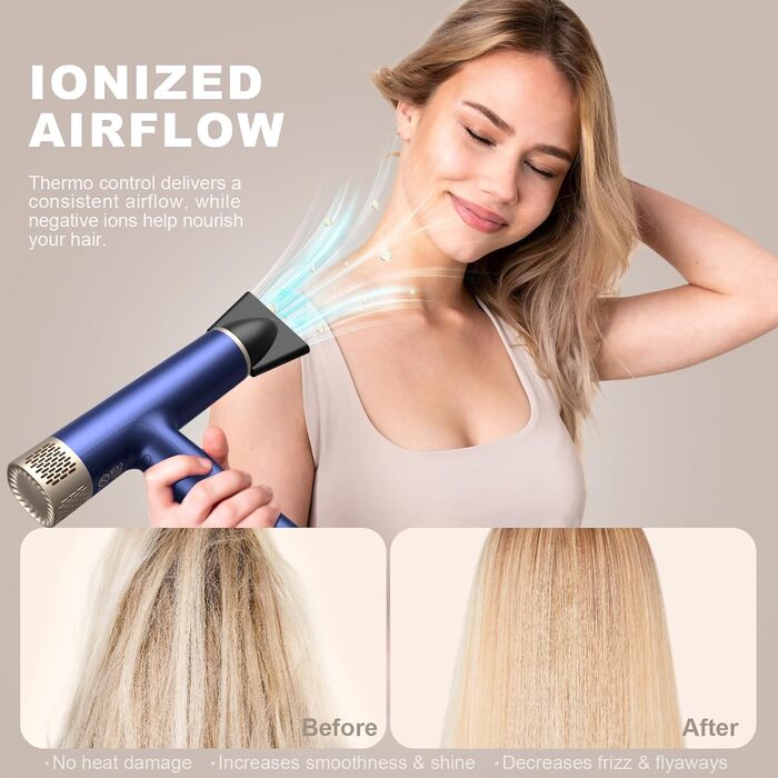 Професійний фен YAPOY з дифузором: швидка сушка, 200 млн іонів, 110 000 об/хв, захист від перегріву, термоконтроль, сріблястий (блакитний 2)