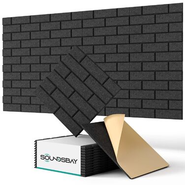Самоклеючі акустичні панелі для шумоізоляції стін, звукопоглинаючі плити цегляного типу, 30x30x0.9 см, чорні, 12 шт (4 кг)