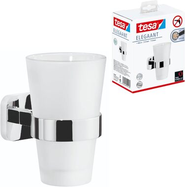 tesa ELEGAANT Toothbrush Holder - Glass Cup with Chrome Wall Mount - For Wall Mounting Without Drilling - 80mm x 125mm x 120mm