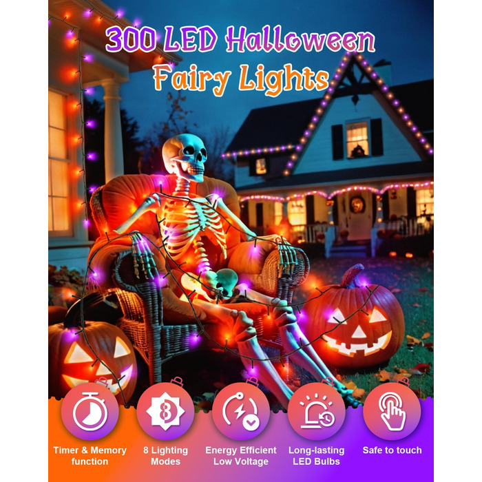 Гірлянда на Хелловін, 30м, 300 LED, оранжево-фіолетова, з функцією пам'яті та таймером, 8 режимів освітлення, вологостійка, для декорування інтер'єру та екстер'єру
