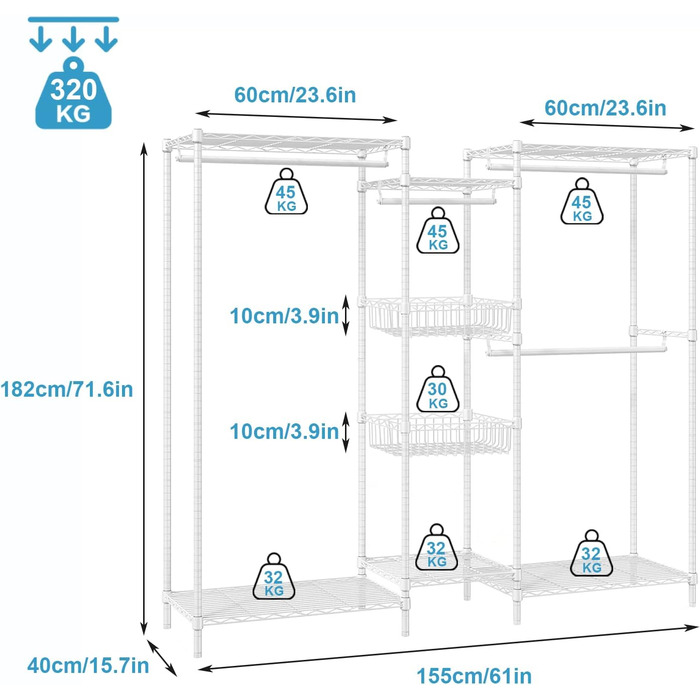 Heavy-Duty Clothes Rack, Clothes Rod, Wardrobe, Freestanding Clothes Rail with Height-Adjustable Shelves and Storage Baskets, Load Capacity up to 320 kg, White