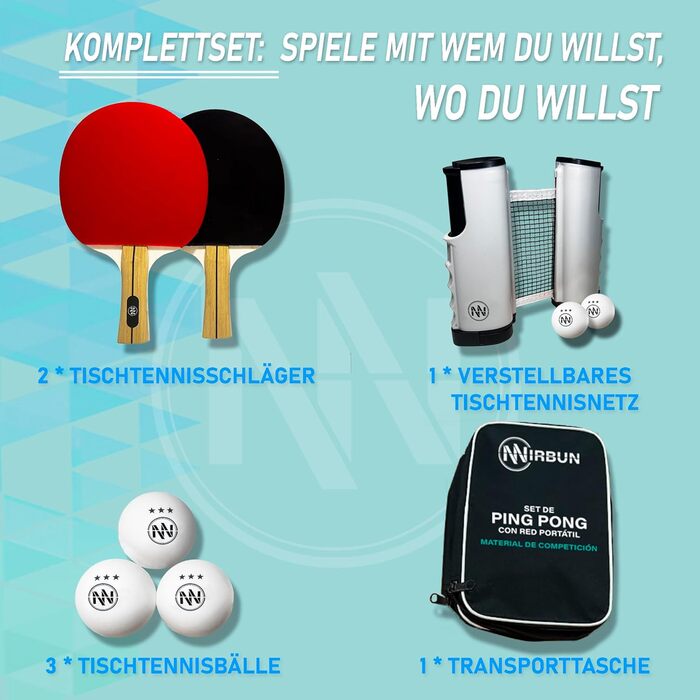 NIRBUN Table Tennis Set with Adjustable Net - Professional Table Tennis Paddles & 3-Star Ping Pong Balls - Portable Set for 2 Players