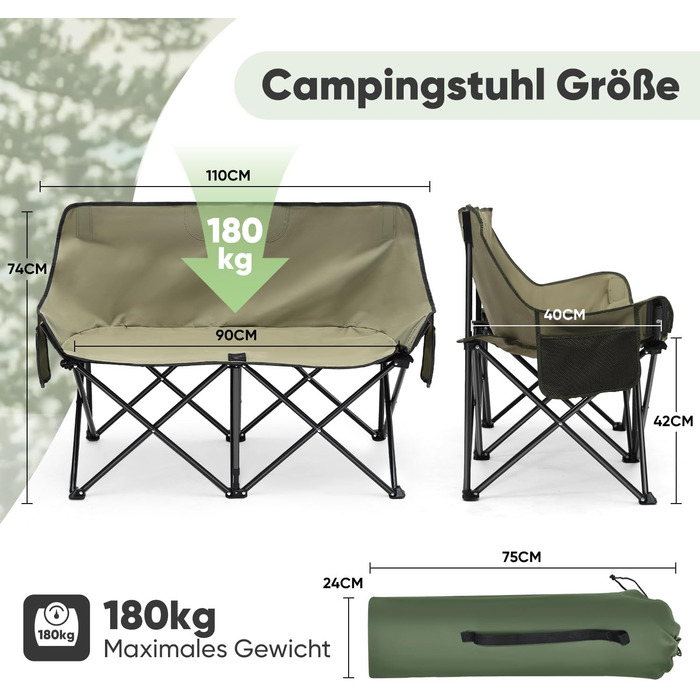 Складане кемпінгове софа для 2 осіб - портативний стілець для кемпінгу з підлокітниками та сумкою, ідеально підходить для пікніків, кемпінгу, саду, балкону, намету та риболовлі (Оливковий, 110 см)
