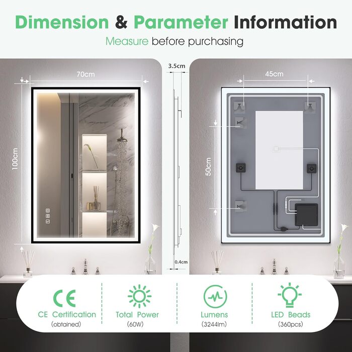 Дзеркало для ванної кімнати S'bagno з підсвічуванням 100x70 см, 5x збільшення, LED, рамка з алюмінію, протитуманне покриття, 3 кольори, диммування, пам'ять, HD скло, IP44, Bluetooth, чорна рамка