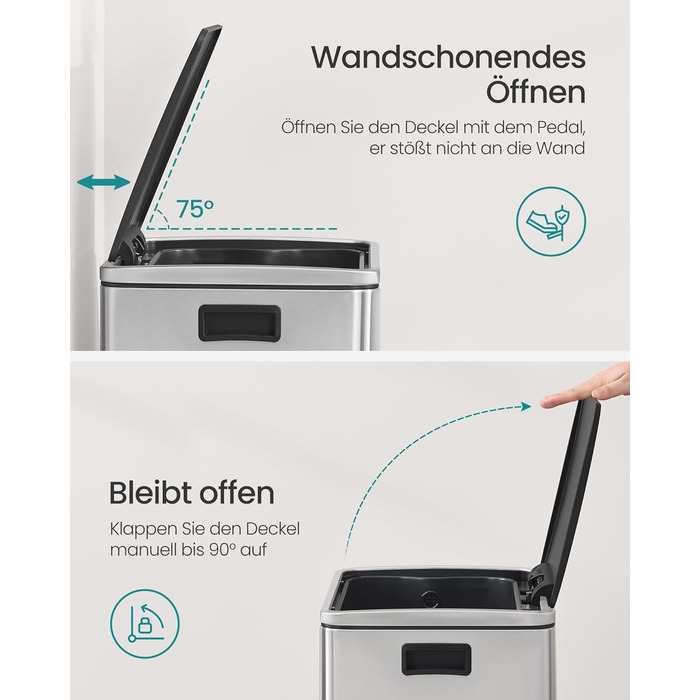 Відро для сміття SONGMICS 50 л, нержавіюча сталь, знімний внутрішній відро, Softclose, срібний колір