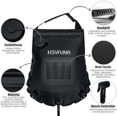 HSYFUNA Camping Shower, 5 Gallons/20L with Temperature Indicator Solar Shower Camping, Warm Water 45°C Camping Shower Outdoor, for Hiking Climbing