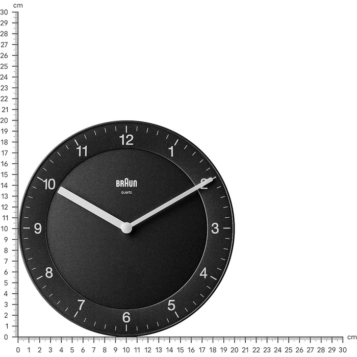 Braun Classic analog wall clock with quiet quartz movement, easy-to-read dial with a 20 cm diameter in black, model BC06B.