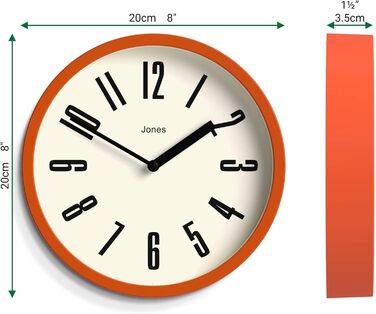 JONES CLOCKS® Hot Tub Wall Clock | Small Retro Round Clock | 20cm | Orange | Easy-to-Read Numbers | Ideal for Kitchen, Office, Kids' Room, or Any Small Space