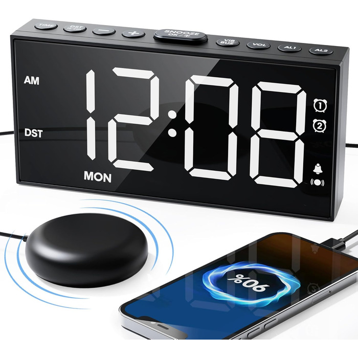 Digital Alarm Clock, Loud Vibration Alarm with Bed Shaker, Loud Alarm for Deep Sleepers, Large Display, Adjustable Volume & Brightness, Dual Alarm, Snooze, USB Charger, Easy Operation