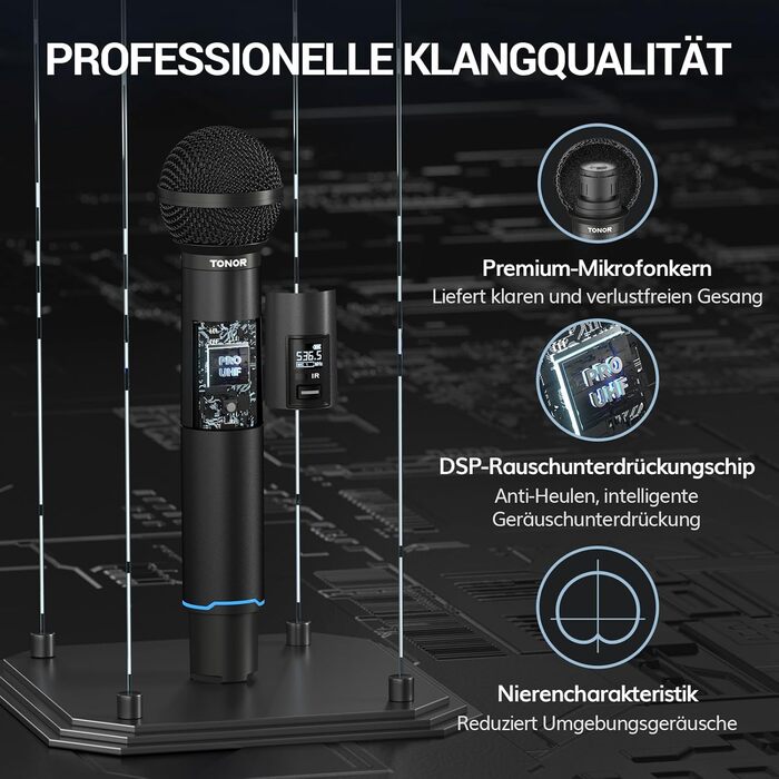 TONOR TW750 Бездротовий мікрофон UHF з регулюванням, 2 шт., 100м радіус дії, світлодіодний індикатор, автосканування, для караоке, церкви, вечірок