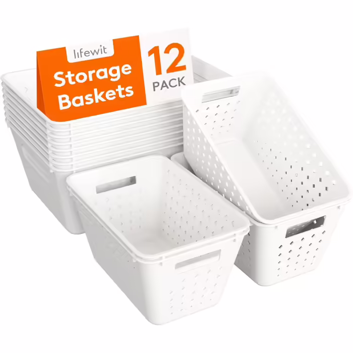 Lifewit 12-Piece Plastic Storage Basket Set, Stackable Storage Containers for Organizing, Multi-Size Open Bins for Shelves/Kitchen/Bathroom/Office/Closet, 8 Large and 4 Small Size, Black and White 12