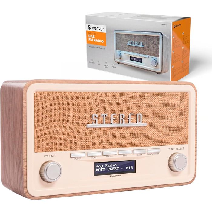 Denver Retro DAB-18: Цифрове радіо DAB+ з Bluetooth, FM та LCD-дисплеєм | 2x20W стерео | Радіо для кухні з будильником