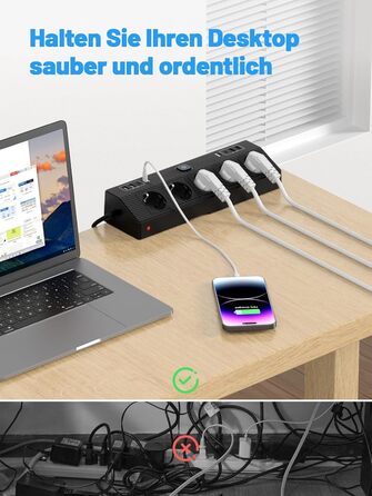 Мережевий фільтр PASSUS з 5 розетками, 2 USB-C (PD 30W), захист від перенапруги, індивідуальне вмикання, 10-в-1, з кабелем 2м, для офісу, чорний