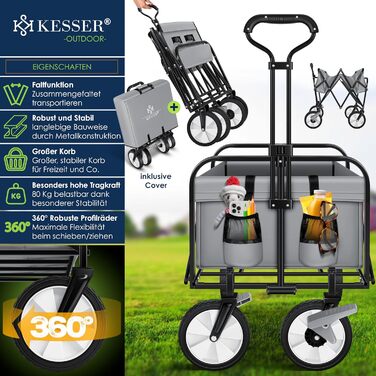 KESSER® Folding Bollerwagen (Hand Cart, Transport Cart) - Max. 150kg Load Capacity & 360° PVC Tires - Utility Wagon including 2 Mesh Bags, Side Pocket & Cover - Transport Cart, Garden Trailer without Roof, Blue (Grey / Black)