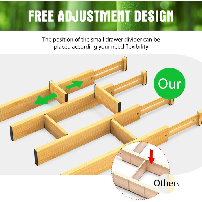 ANTOWIN Adjustable Drawer Dividers Bamboo (43-56 cm), Drawer organizer, spring-loaded, Kitchen, dresser, bathroom, bedroom, baby drawer, desk organization system